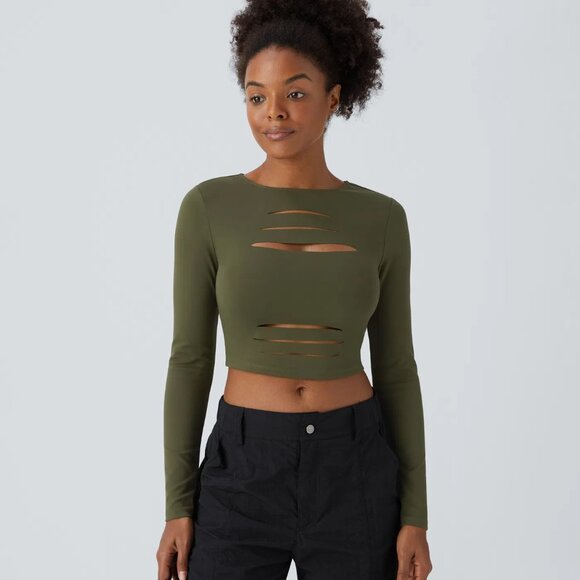 Halara Cut Out Ripped Cropped Top Green - Picture 3 of 5
